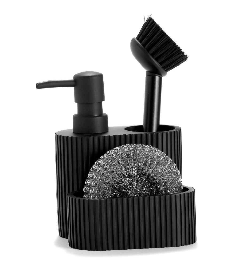 wadiga Distributeur liquide vaisselle + porte éponges polyrésine noir - 11.5x11x19cm