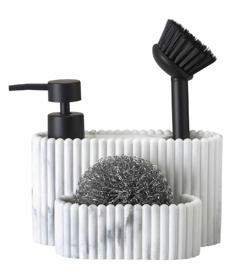 wadiga Distributeur liquide vaisselle + porte éponges résine blanc effet marbre 17x12x20cm