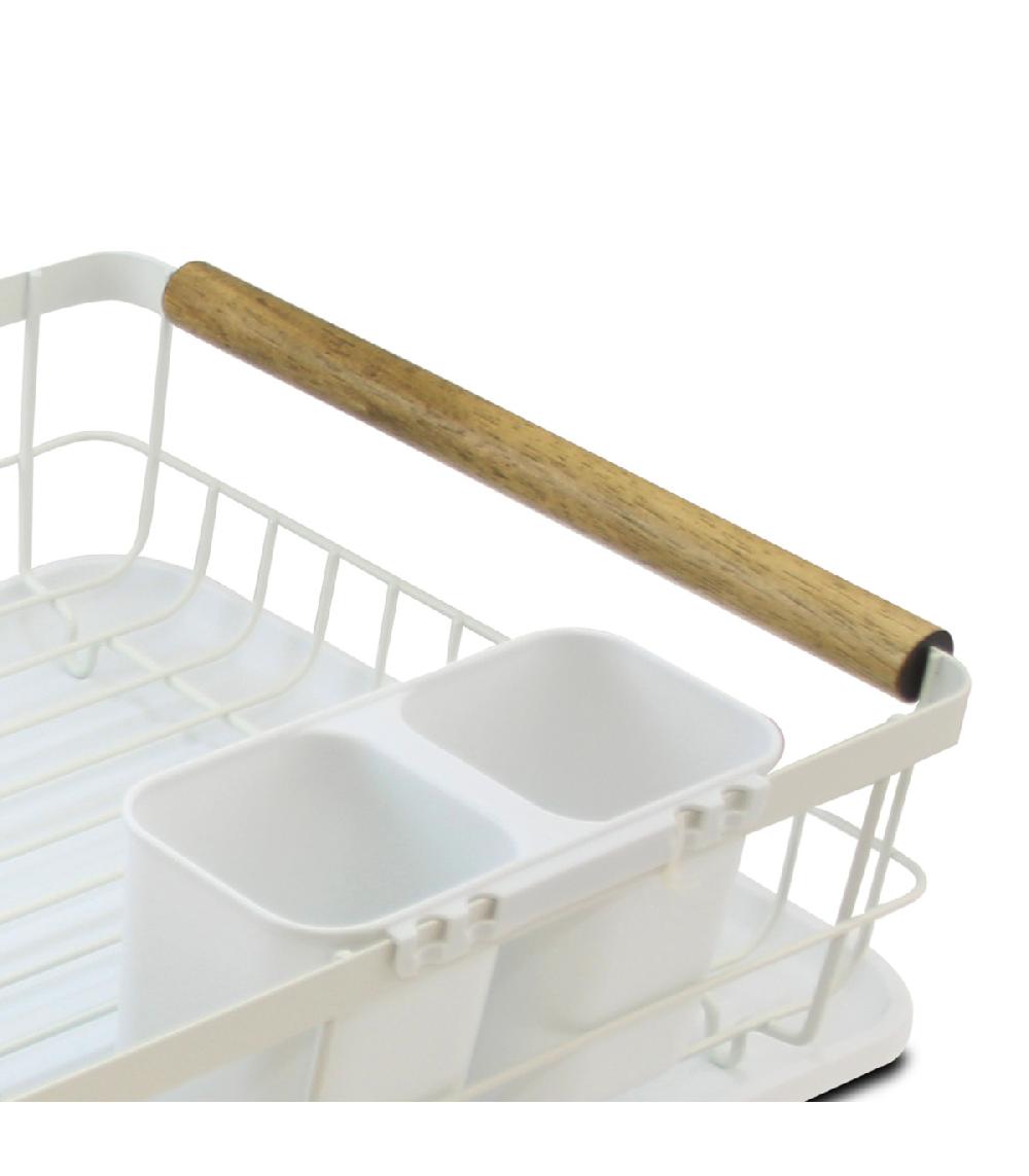 Wadiga Égouttoir à Vaisselle Blanc Et Bois Avec Porte-couverts