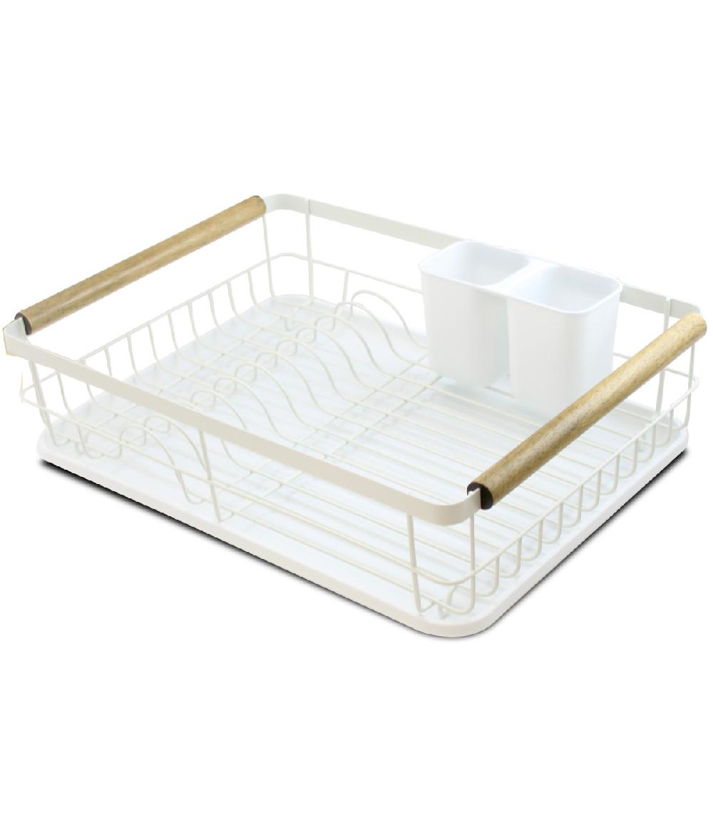 wadiga Égouttoir à vaisselle blanc et bois avec porte-couverts