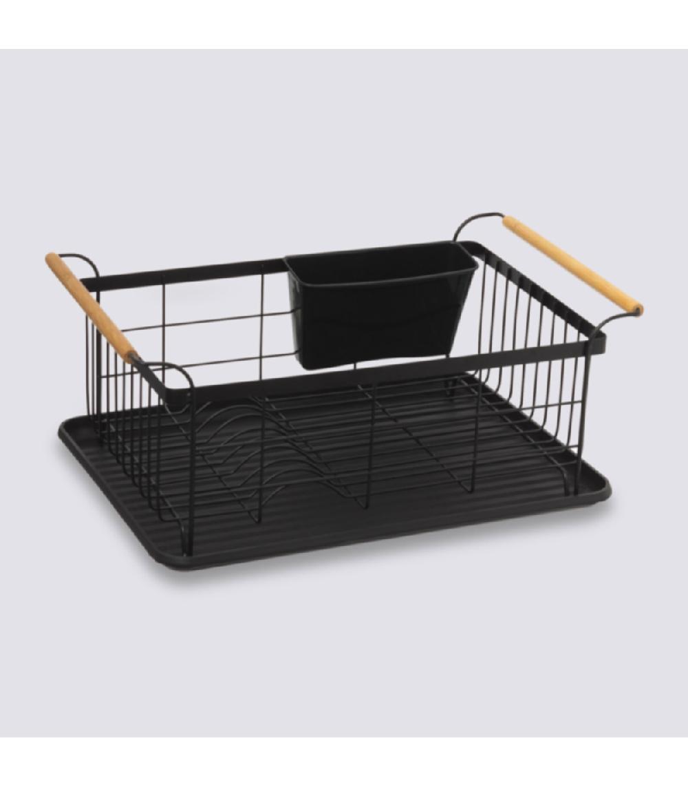 Wadiga Égouttoir à Vaisselle Noir Et Bois - 42.5x32x18.2cm