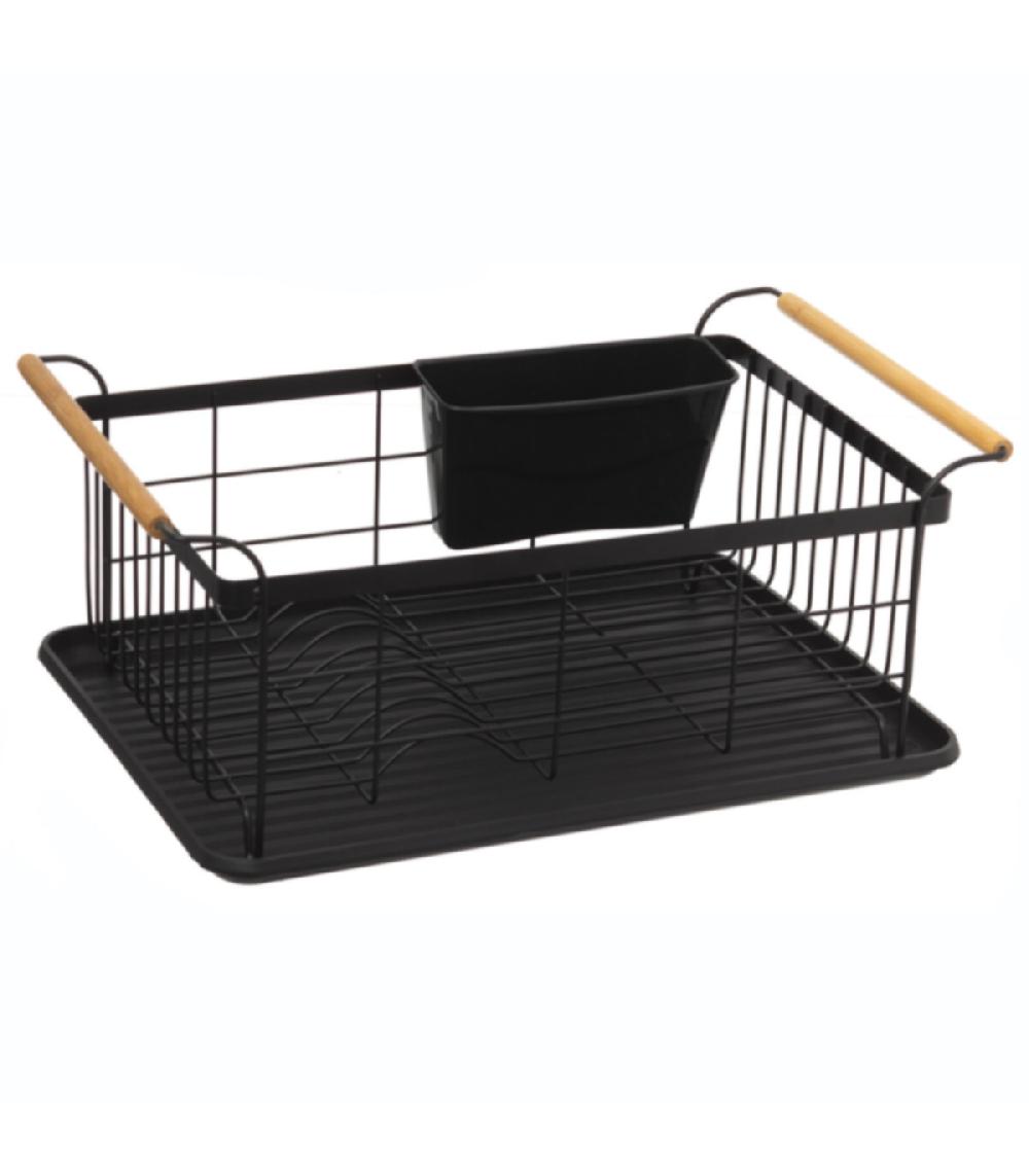 wadiga Égouttoir à vaisselle noir et bois - 42.5x32x18.2cm