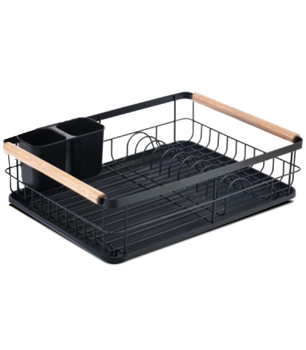 wadiga Égouttoir à vaisselle noir et bois avec porte-couverts