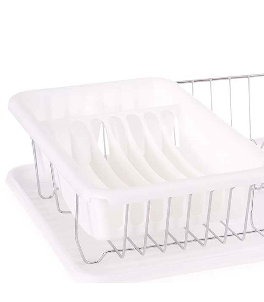 Wadiga Égouttoir à Vaisselle Plastique Blanc Et Métal Chromé Avec Plateau 33.5x43.5x11cm