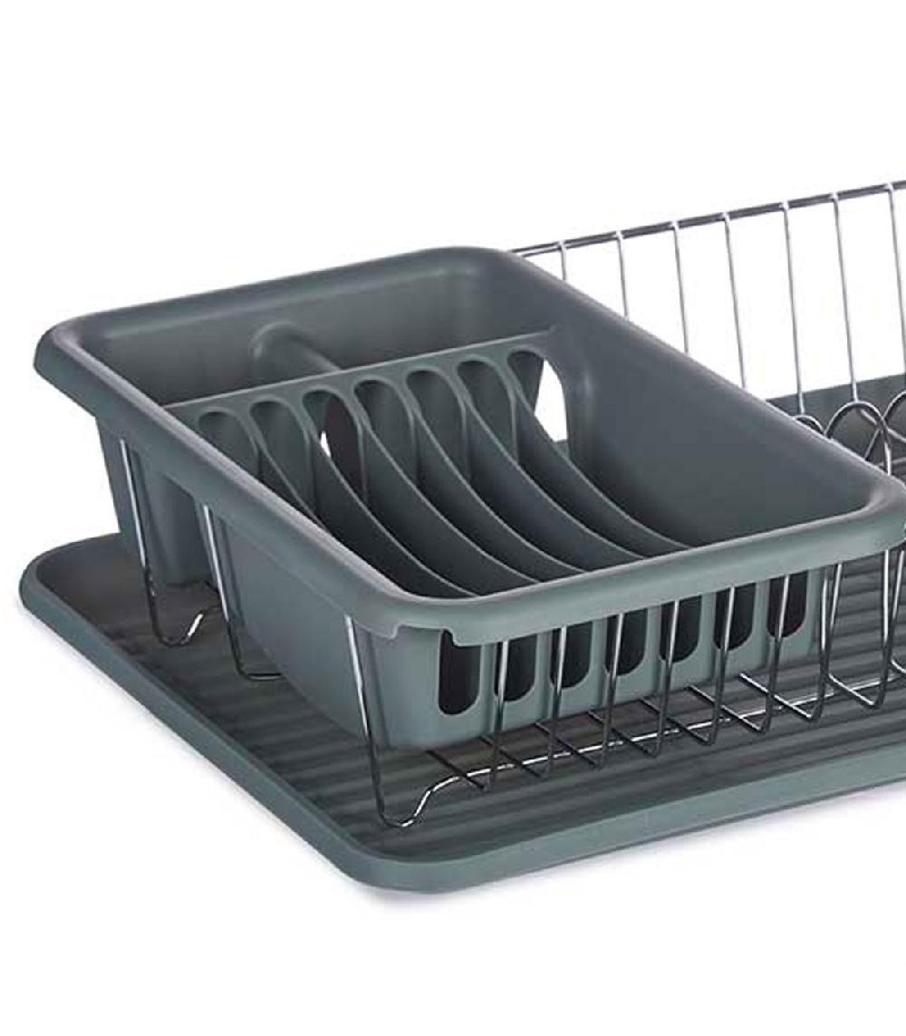 Wadiga Égouttoir à Vaisselle Plastique Gris Et Métal Chromé Avec Plateau 33.5x43.5x11cm