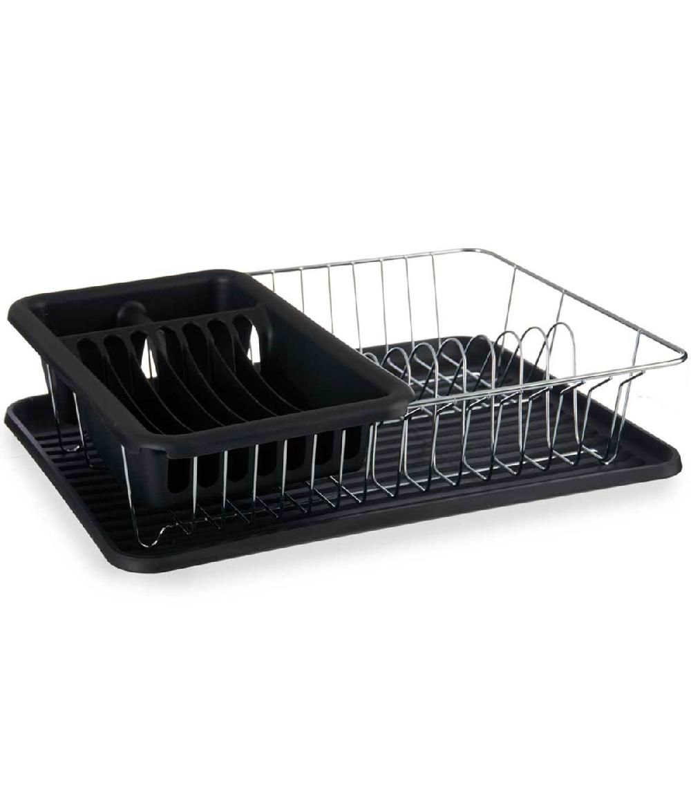 wadiga Égouttoir à vaisselle plastique noir et métal chromé avec plateau 33.5x43.5x11cm