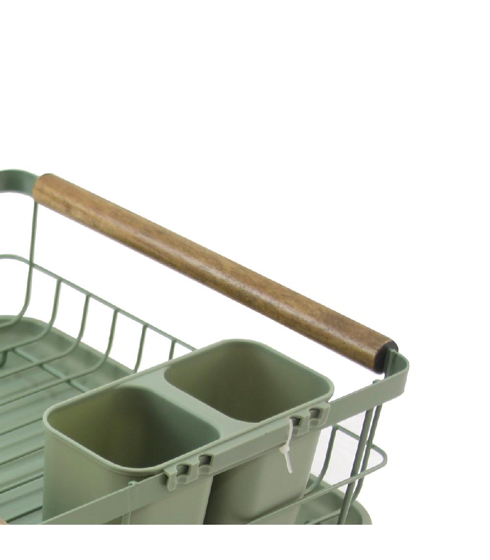Wadiga Égouttoir à Vaisselle Vert Kaki Et Bois Avec Porte-couverts