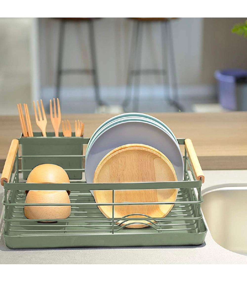 Wadiga Égouttoir à Vaisselle Vert Kaki Et Bois Avec Porte-couverts