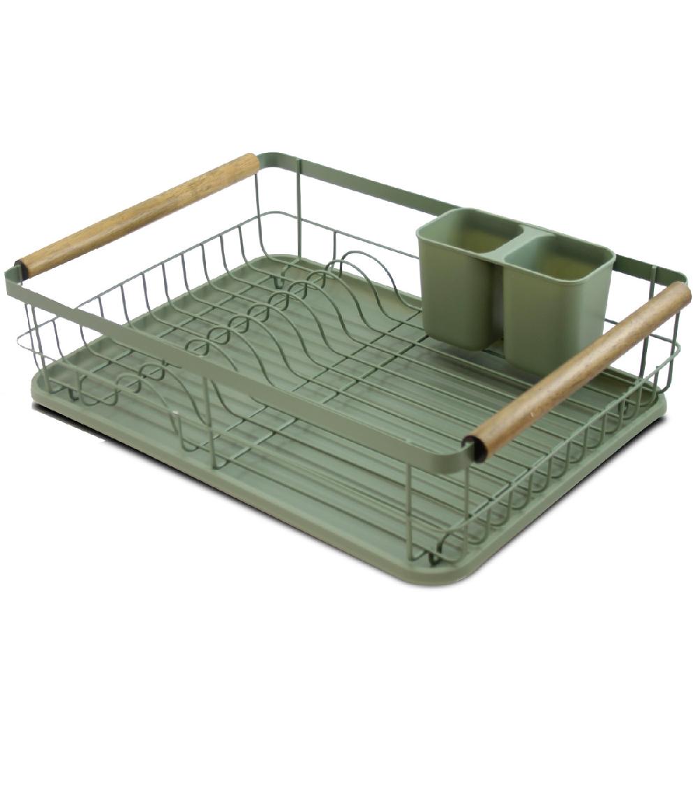 wadiga Égouttoir à vaisselle vert kaki et bois avec porte-couverts