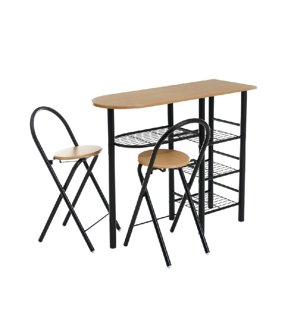 wadiga Ensemble Table Bar Tabourets Desserte pour petite Cuisine Bois et Noir