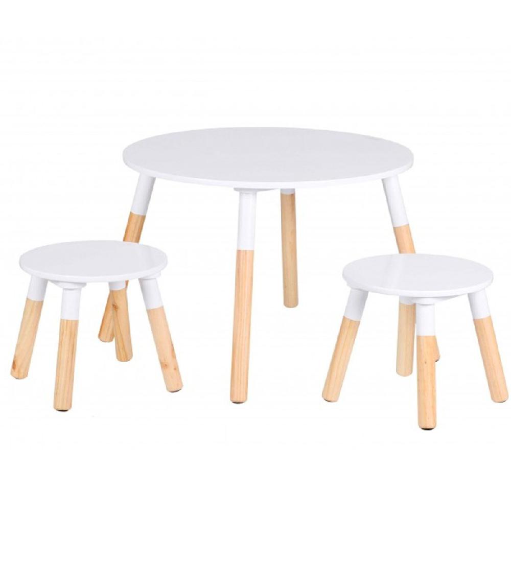 wadiga Ensemble Table et 2 Tabourets pour Enfants Bois et Blanc