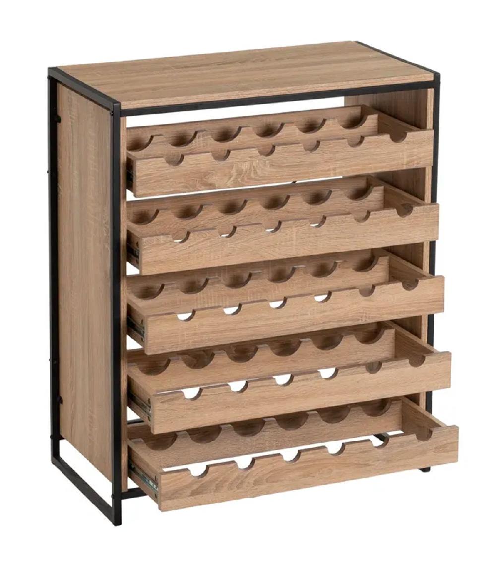 wadiga Étagère à bouteilles bois et métal noir 30 bouteilles 75x40x90cm
