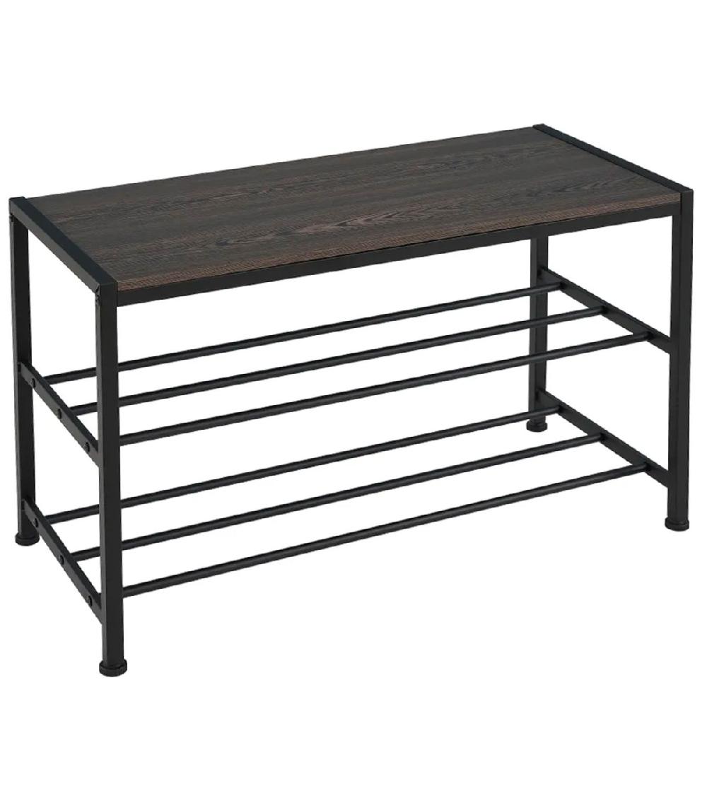 wadiga Étagère à chaussures 3 niveaux métal et bois noir 76x35x50cm