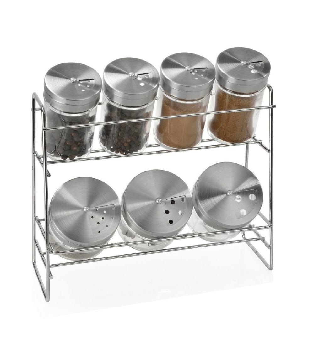 wadiga Étagère à Épices en Métal + 7 Pots à Épices en Verre