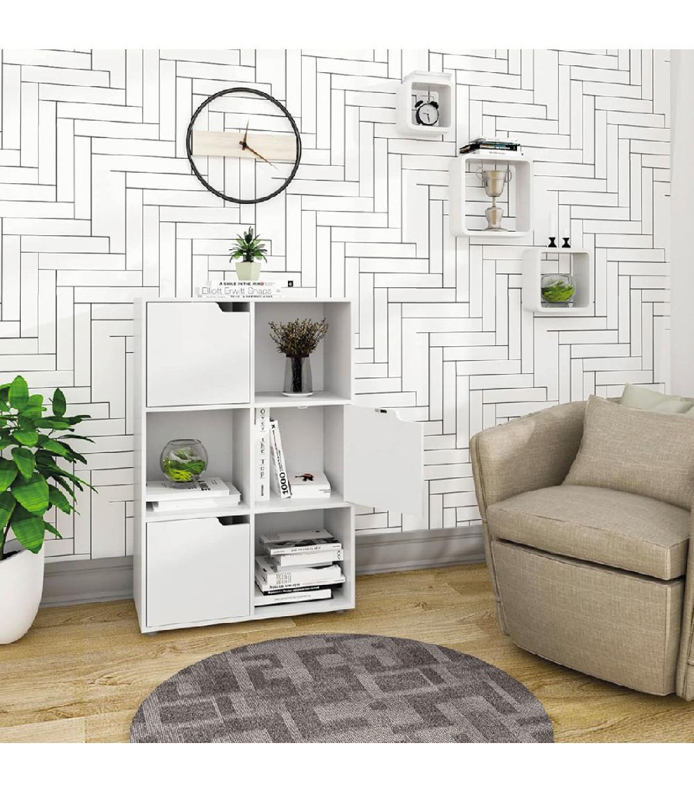 Wadiga Étagère Bibliothèque Blanche Basse 3 Portes 3 étagères 59x29x90cm