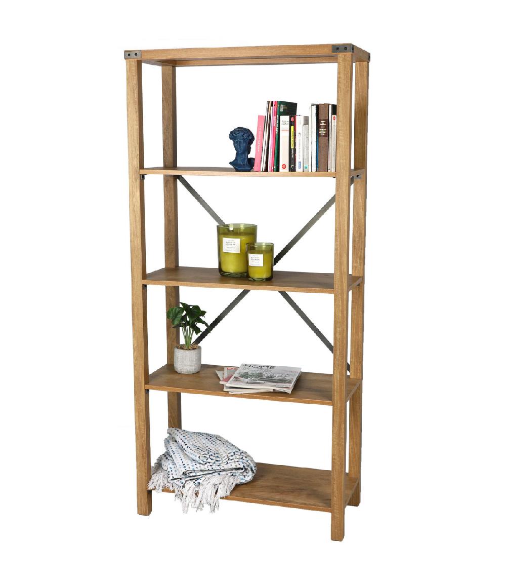 Wadiga Étagère Bibliothèque Bois Avec Angles Et Croisillons Métal Noir - 76x35x163cm