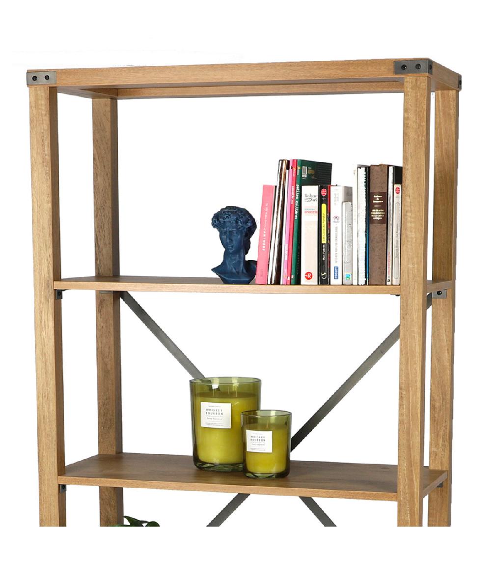Wadiga Étagère Bibliothèque Bois Avec Angles Et Croisillons Métal Noir - 76x35x163cm