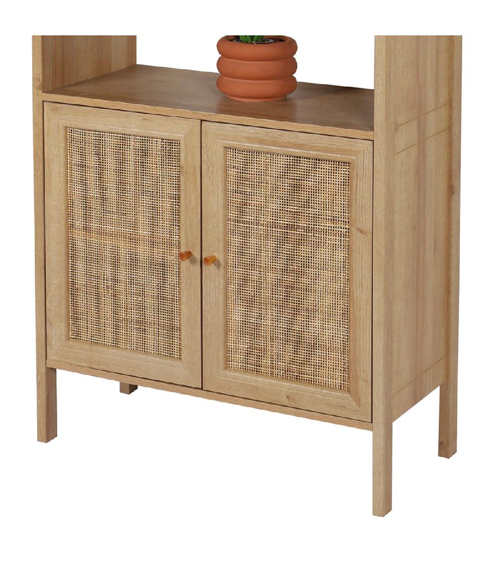 Wadiga Étagère Bibliothèque Effet Bois Portes Cannage Rotin 80x37x163cm