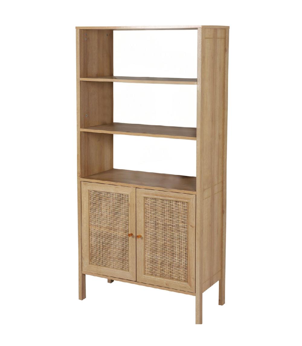 wadiga Étagère bibliothèque effet bois portes cannage rotin 80x37x163cm
