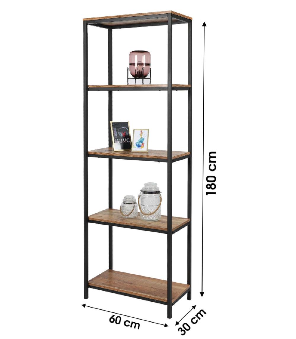 Wadiga Étagère Bibliothèque En Métal Noir Et Bois 5 Étages - H180cm