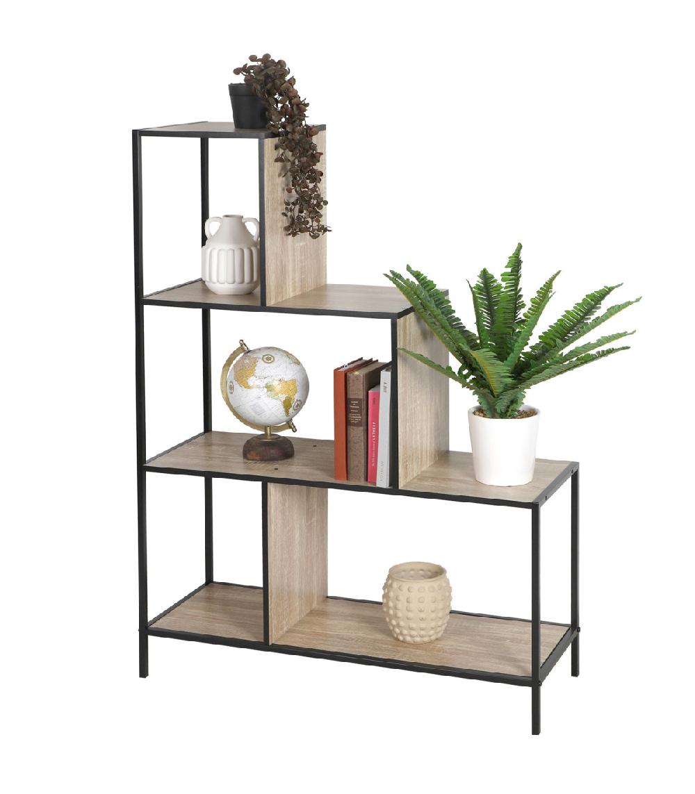 Wadiga Étagère Bibliothèque Escalier En Métal Noir Et Bois 4 Niveaux 80x30x112.5cm