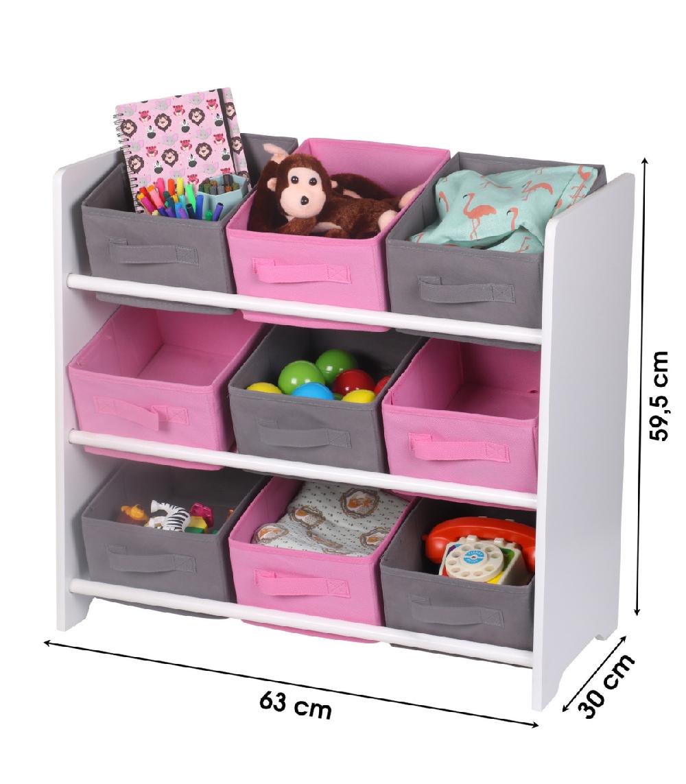 Wadiga Étagère De Rangement Chambre Enfant Blanche Avec 9 Paniers Roses Et Gris