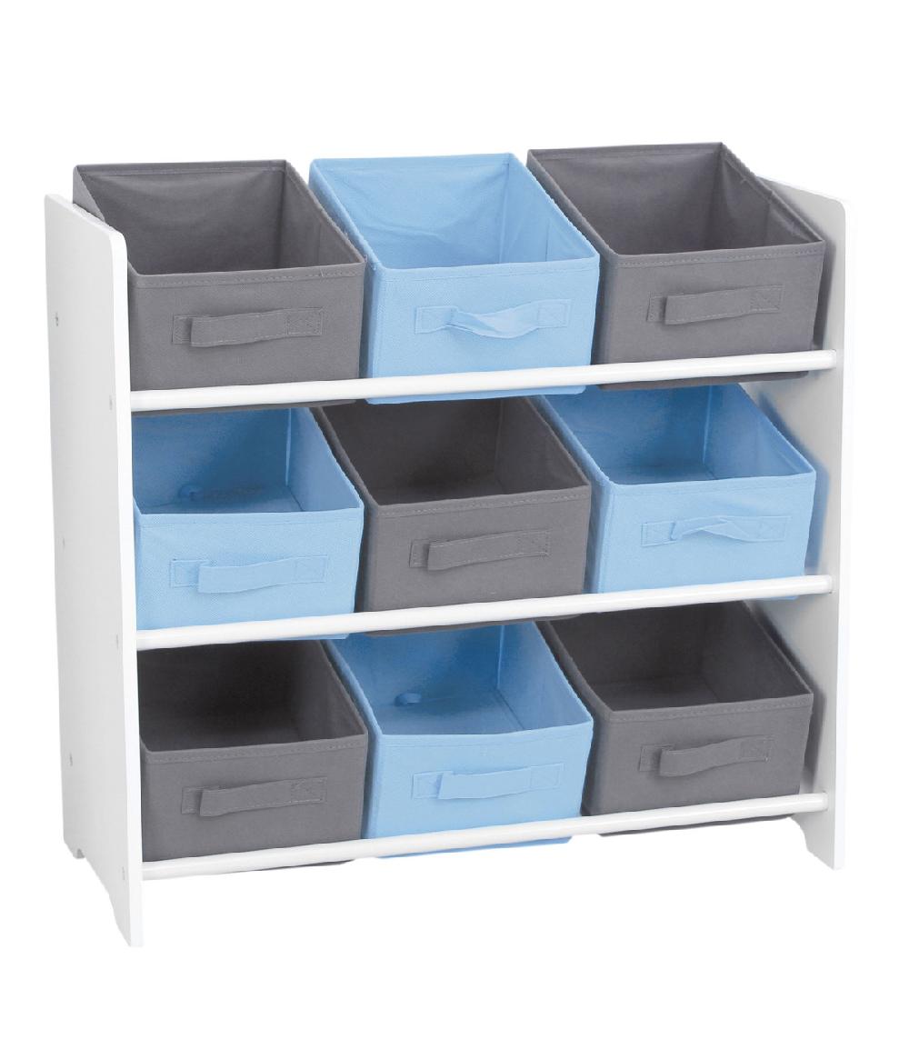 wadiga Étagère de Rangement Chambre Enfant Blanche avec 9 Paniers Bleus et Gris