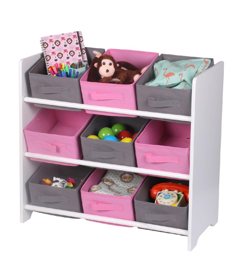 wadiga Étagère de Rangement Chambre Enfant Blanche avec 9 Paniers Roses et Gris
