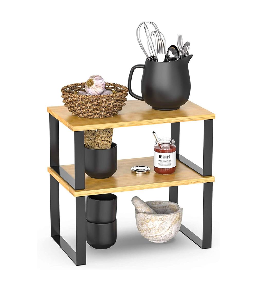 Wadiga Étagère Double De Rangement Pour Cuisine Métal Noir Et Bambou