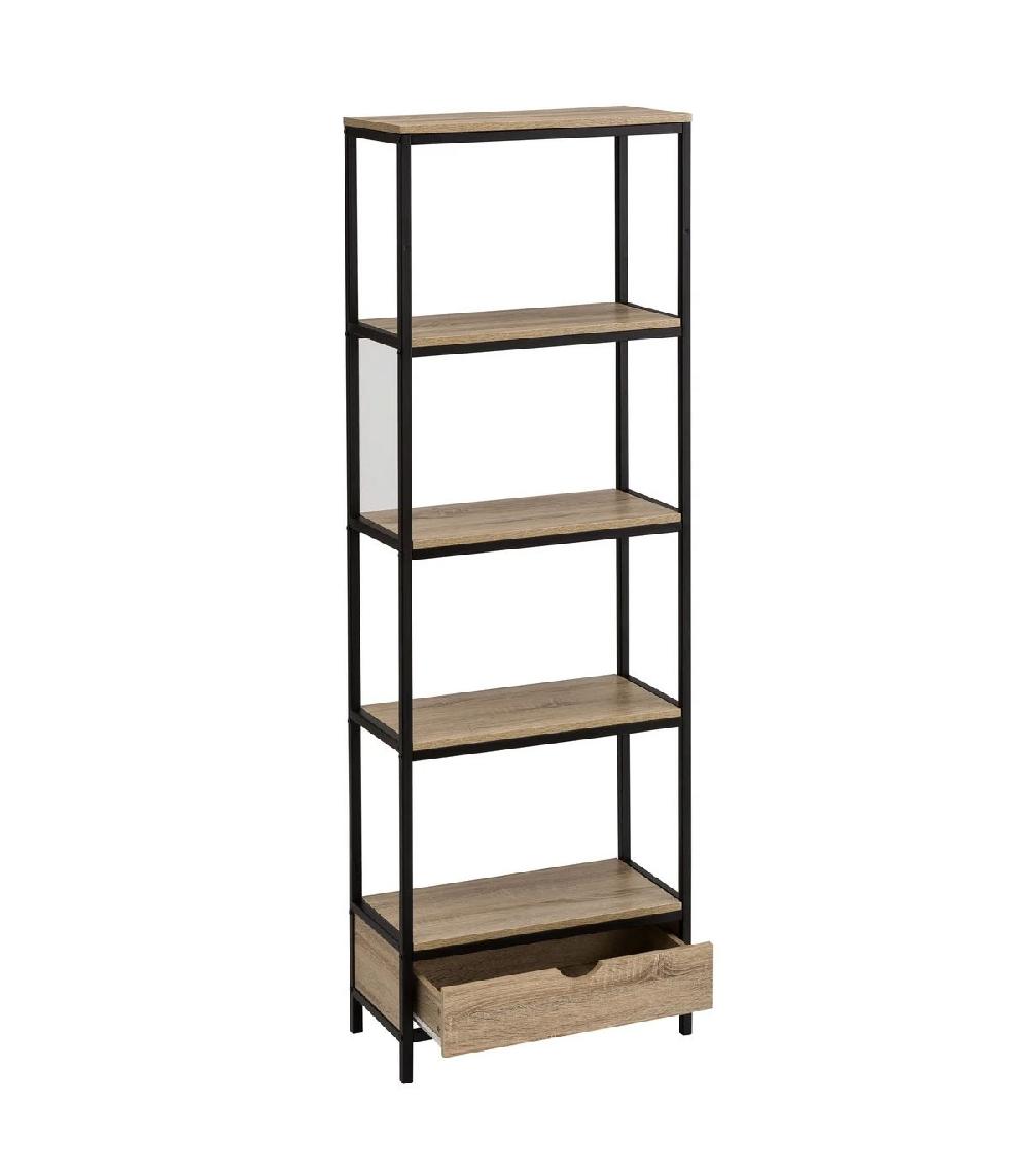 Wadiga Étagère Métal Noir Et Bois + 1 Tiroir- Hauteur 180cm
