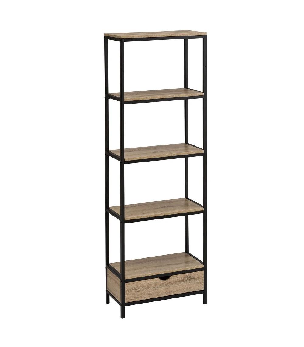 wadiga Étagère Métal Noir et Bois + 1 Tiroir- Hauteur 180cm
