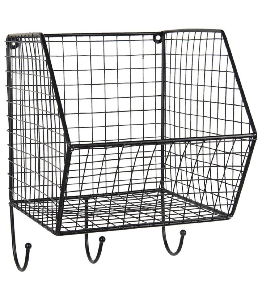 wadiga Étagère murale casier en métal grillagé noir avec crochets 22x27x30cm