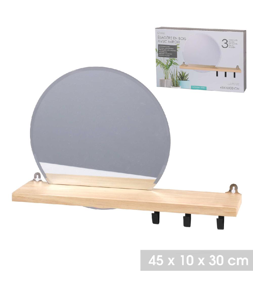 Wadiga Étagère Murale En Bois Avec Miroir Rond Intégré Et 3 Crochets