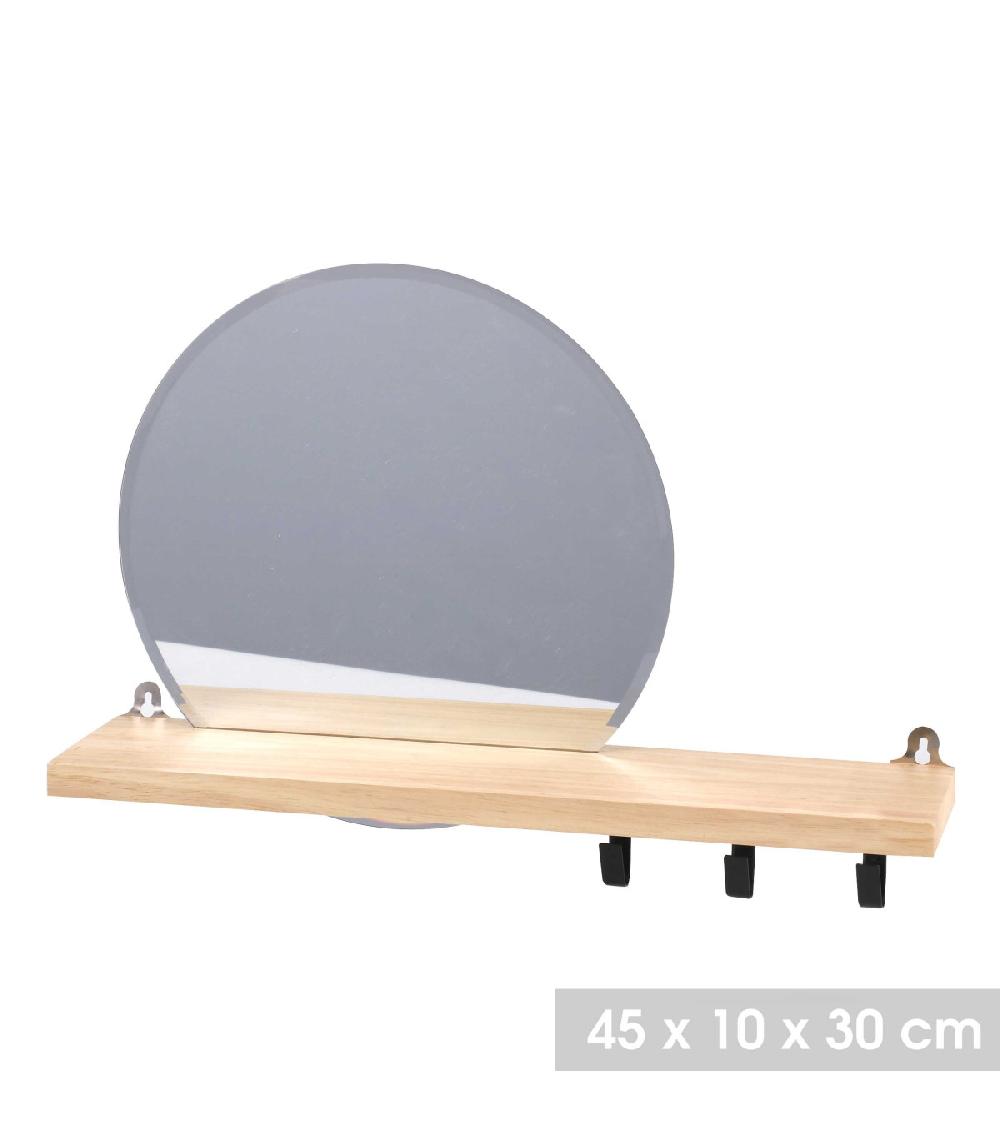Wadiga Étagère Murale En Bois Avec Miroir Rond Intégré Et 3 Crochets