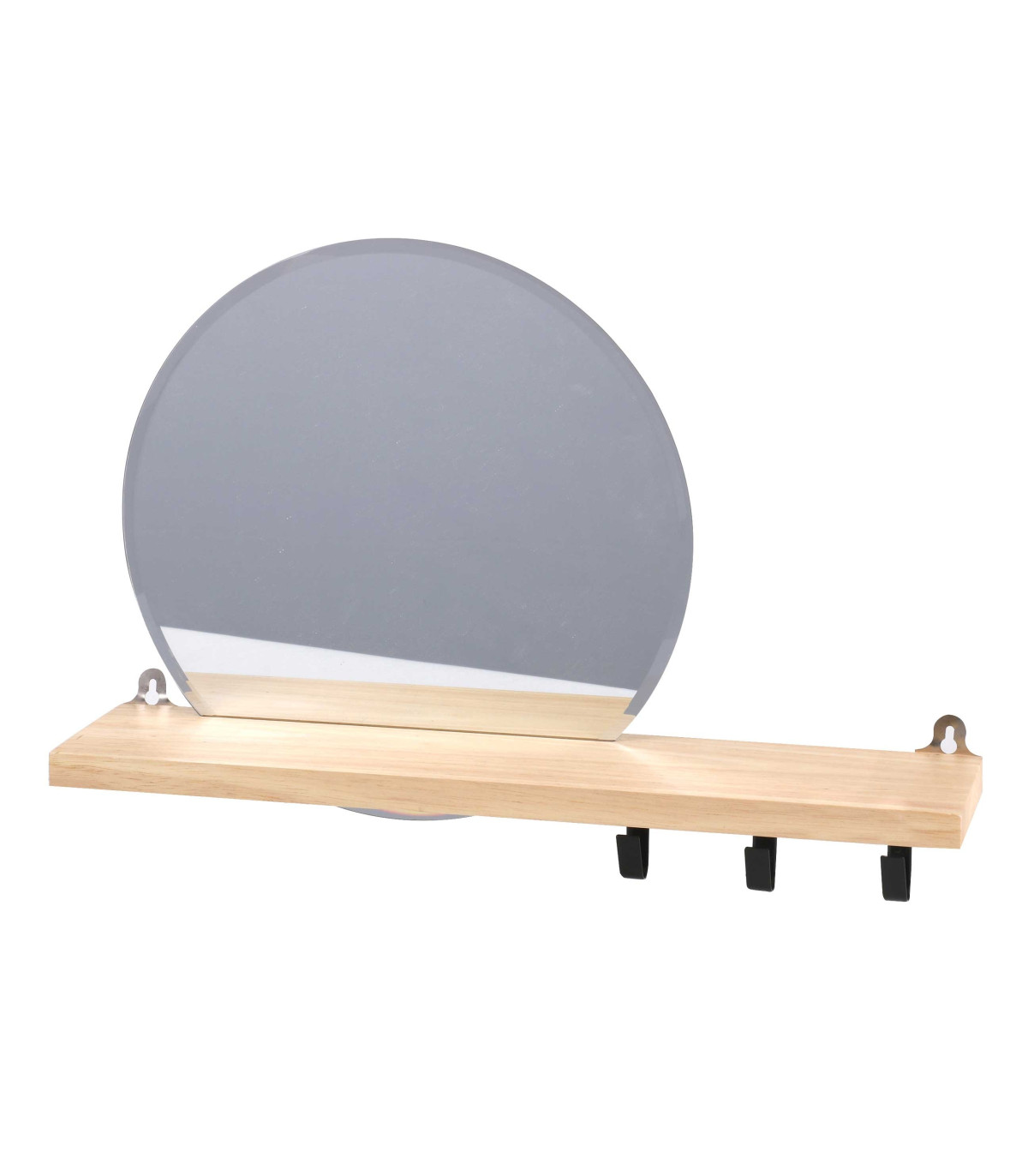wadiga Étagère Murale en Bois avec Miroir Rond Intégré et 3 Crochets