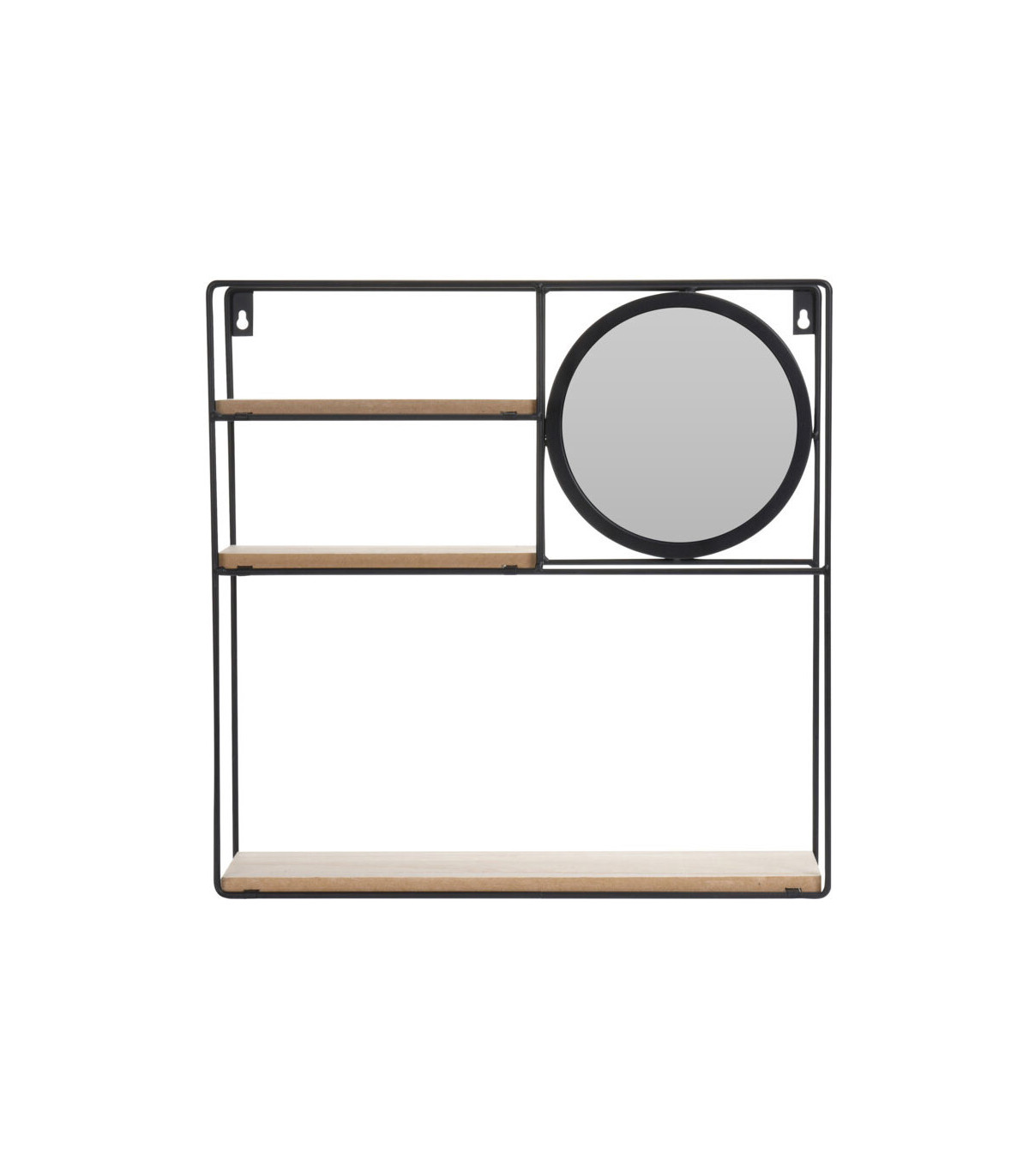 wadiga Étagère Murale en Métal Noir et Bois avec Miroir - 40x40x10cm