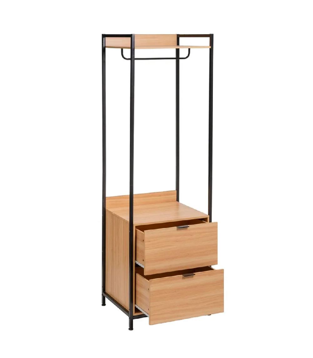 Wadiga Étagère Penderie Effet Bois Et Métal Noir 2 Tiroirs 60x48x190cm