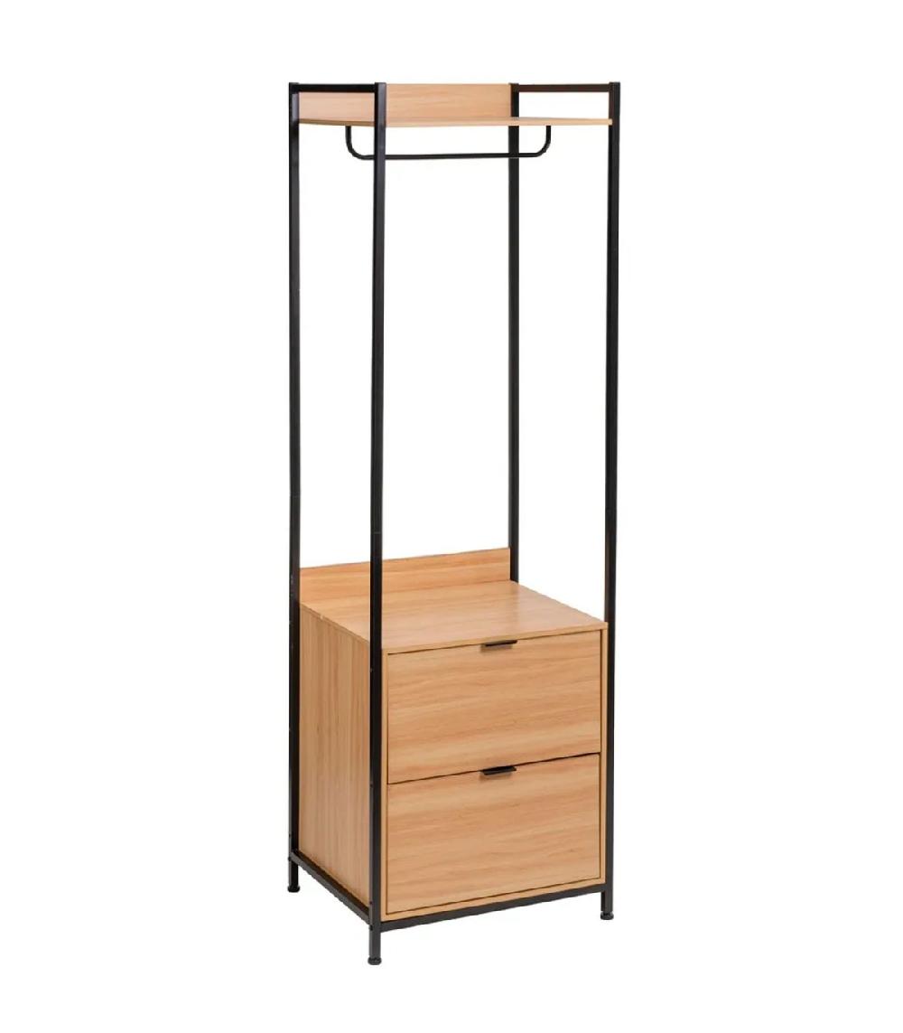 wadiga Étagère penderie effet bois et métal noir 2 tiroirs 60x48x190cm