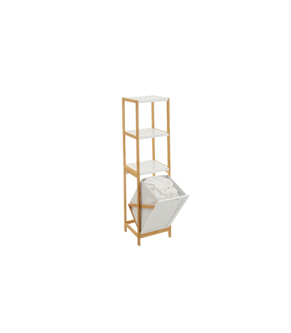 Wadiga Étagère Salle De Bain Avec Panier à Linge Blanc Et Bambou