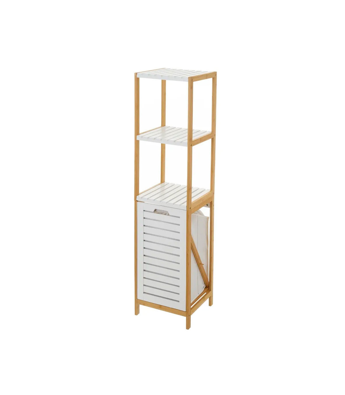 wadiga Étagère Salle de Bain avec Panier à Linge Blanc et Bambou