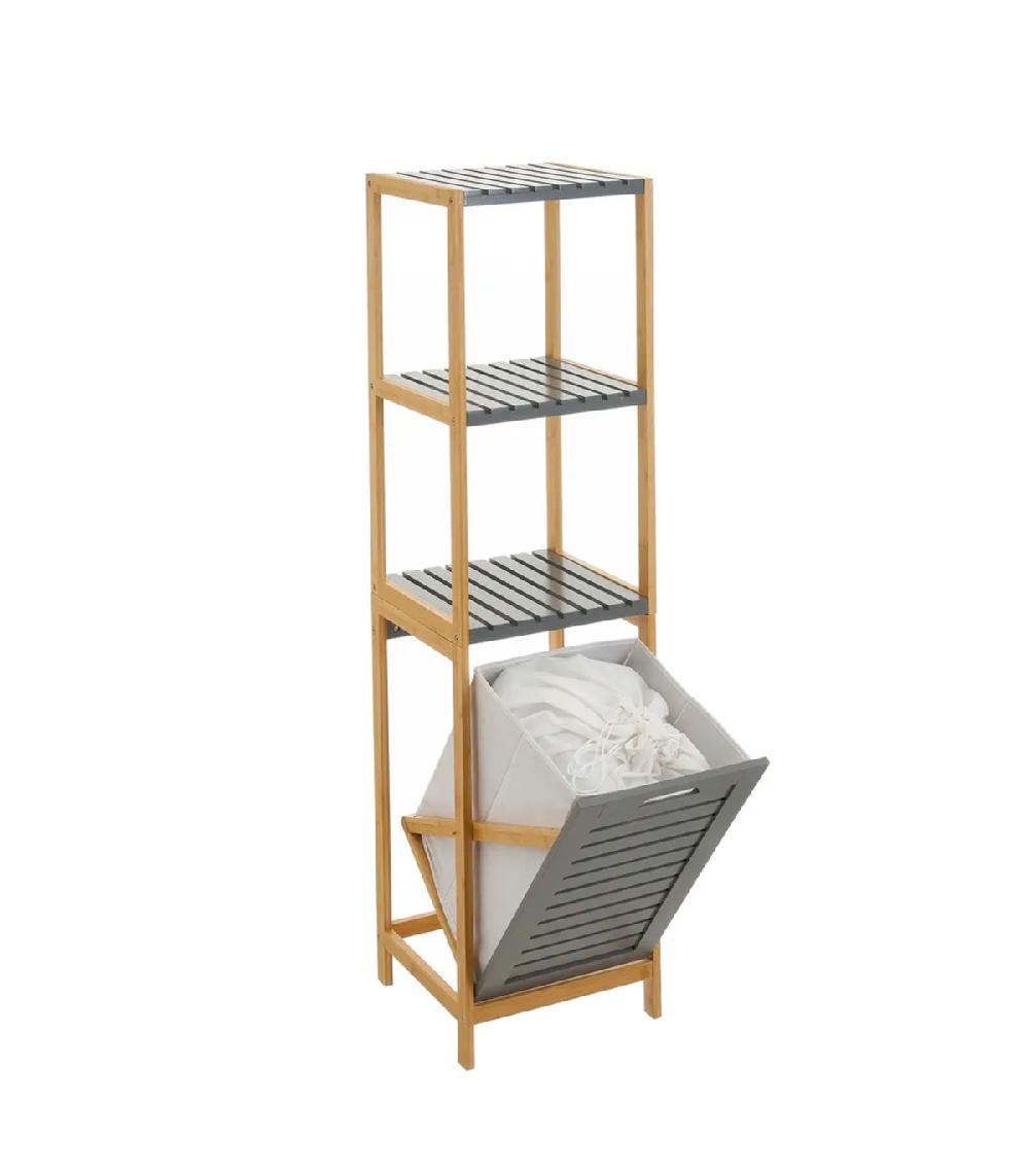 Wadiga Étagère Salle De Bain Avec Panier à Linge Gris Et Bambou 33x34x140cm