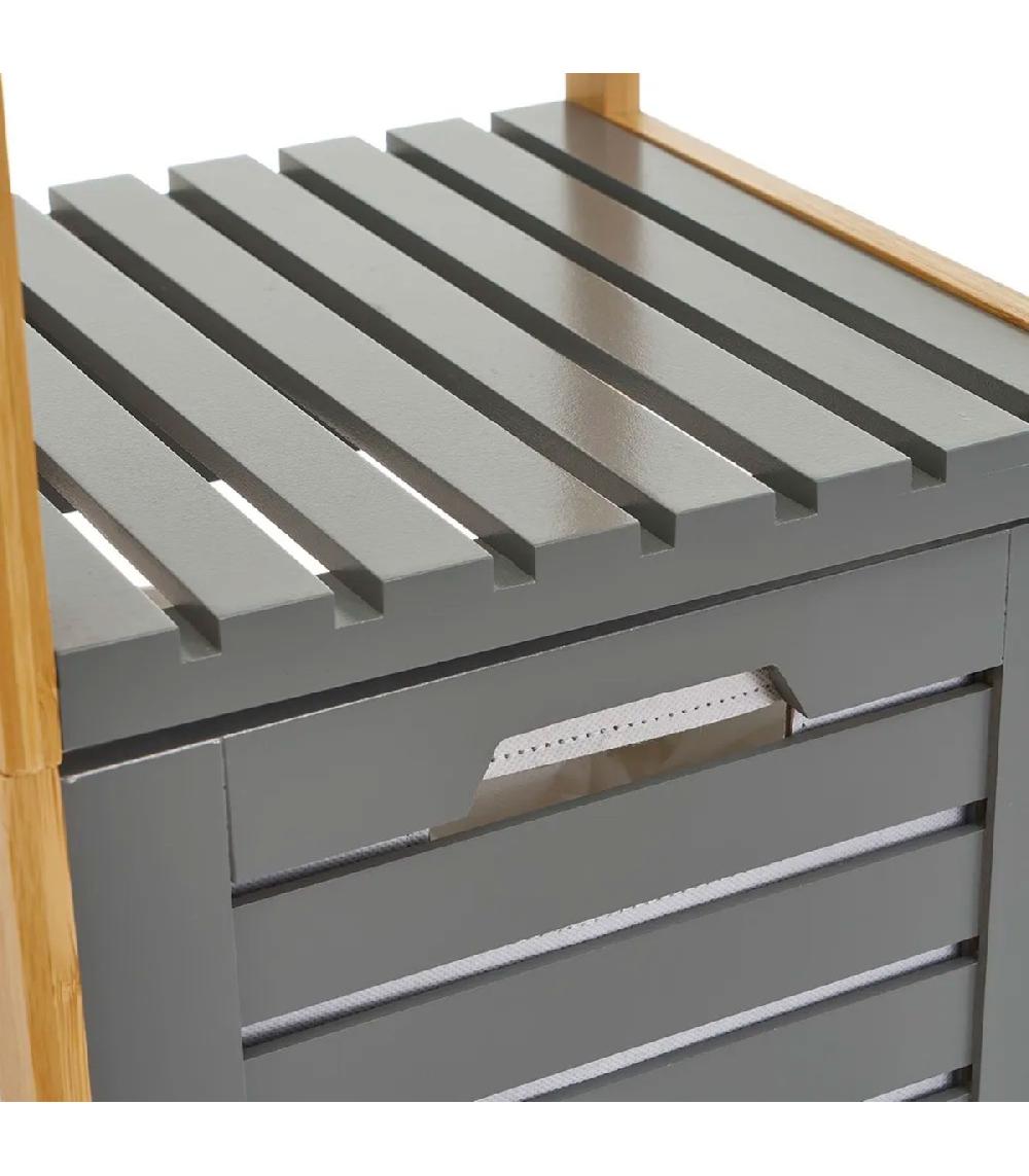Wadiga Étagère Salle De Bain Avec Panier à Linge Gris Et Bambou 33x34x140cm