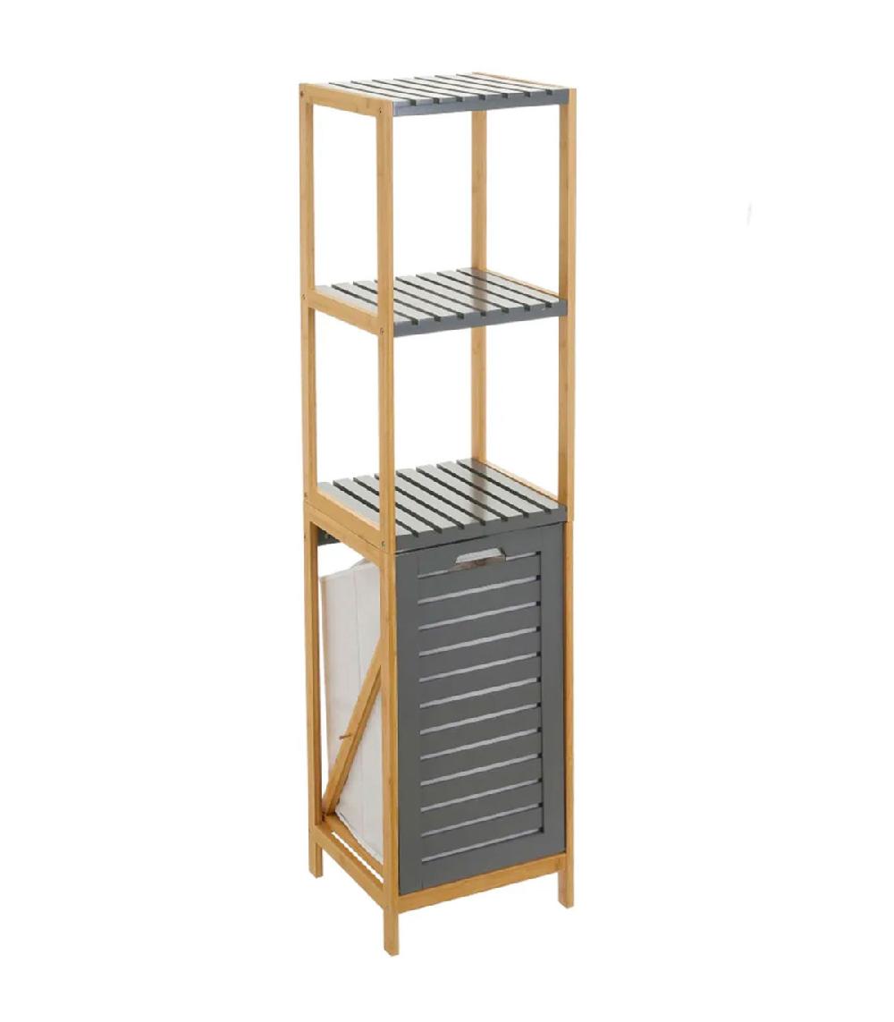 wadiga Étagère salle de bain avec panier à linge gris et bambou 33x34x140cm