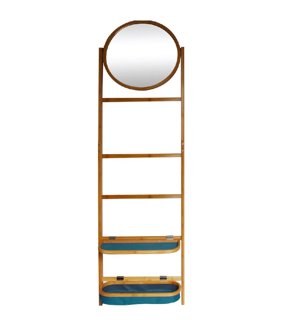 wadiga Étagère salle de bain bambou avec miroir et panier 49x175cm