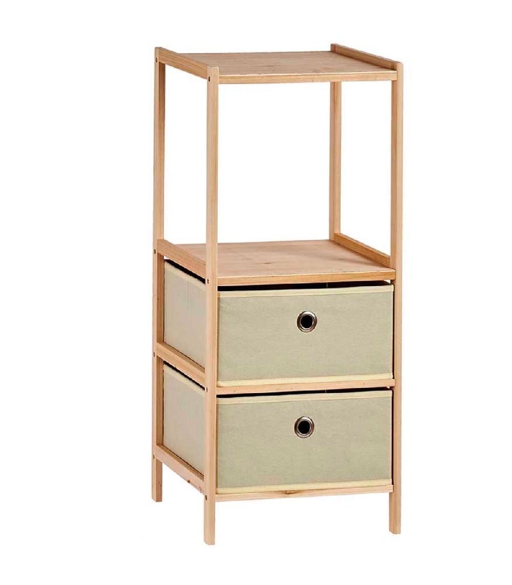wadiga Étagère salle de bain bois et 2 tiroirs en toile beige 32x26x72.5cm
