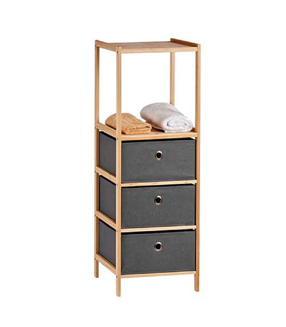 Wadiga Étagère Salle De Bain Bois Et 3 Tiroirs En Toile Gris 32x26x89cm