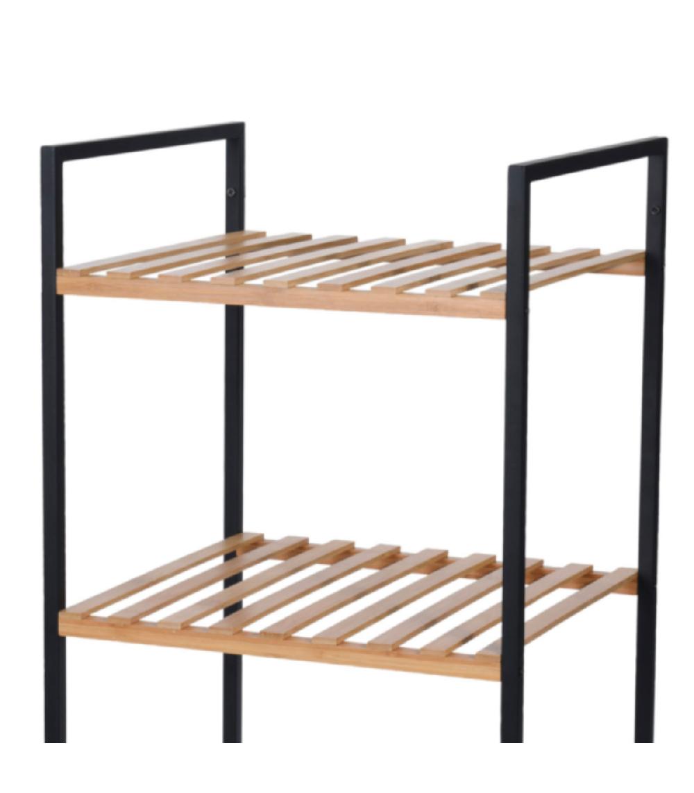 Wadiga Étagère Salle De Bain Métal Noir Et 3 étagères Bambou - 38x32x70cm