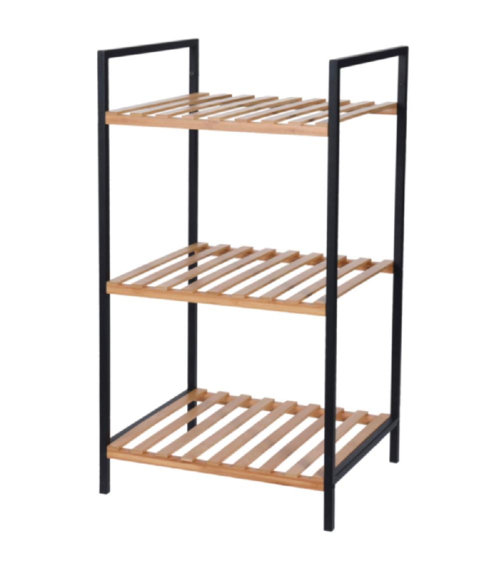 wadiga Étagère salle de bain métal noir et 3 étagères Bambou - 38x32x70cm