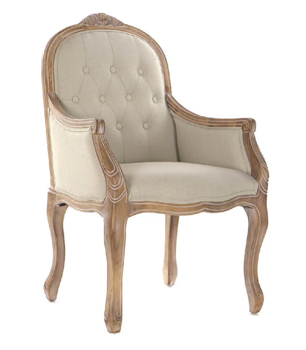 wadiga Fauteuil capitonné classique bois et lin beige - 63.5x50x102cm