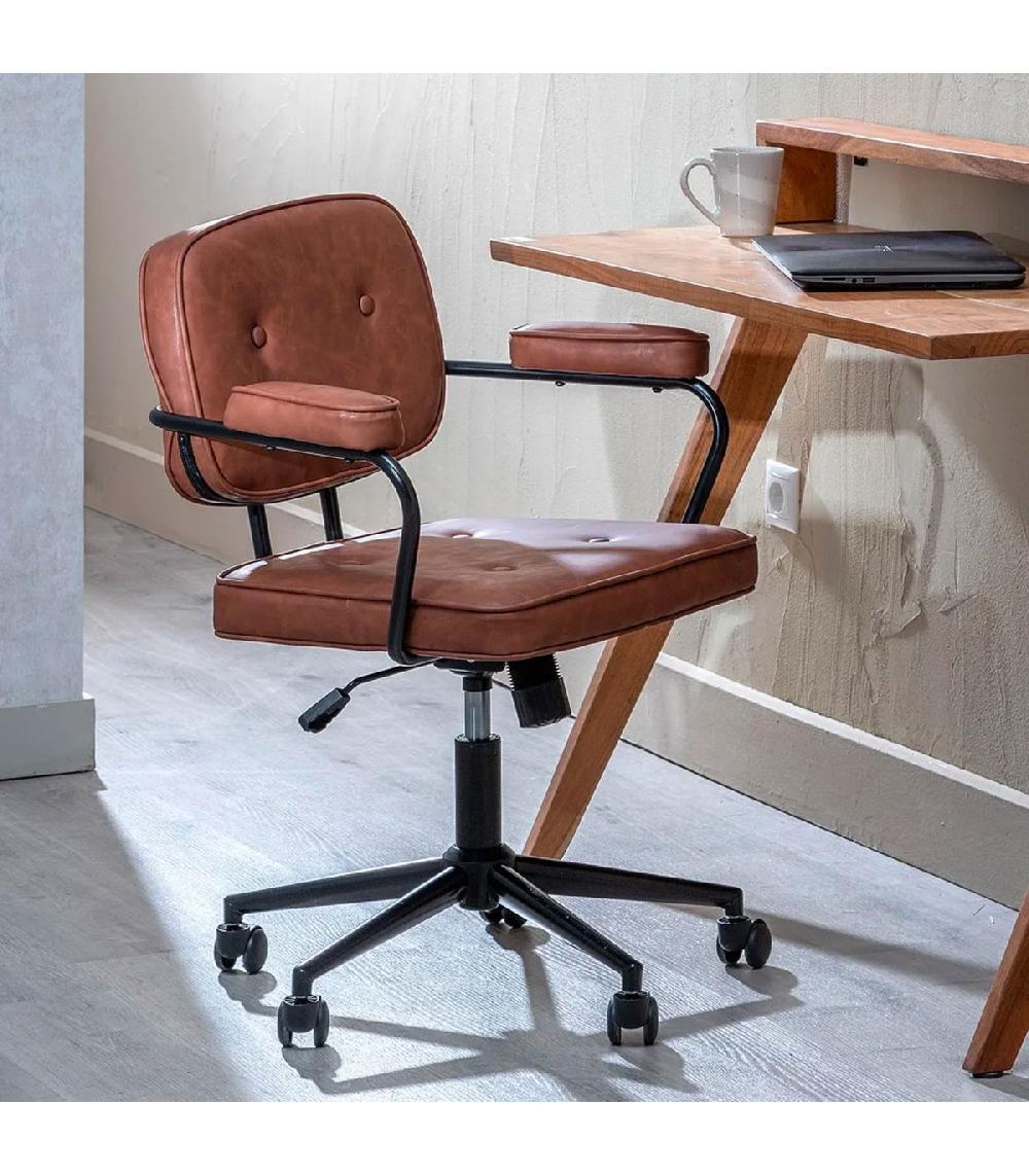 Wadiga Fauteuil De Bureau En Similicuir Marron Et Métal Noir 56x56x92cm